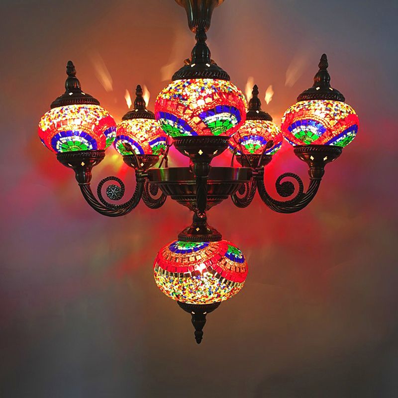 Curved Arm Pendant Chandelier Traditional Red/Blue/Orange Red Glass 6 Bulbs Hanging Light Fixture for Coffee Shop