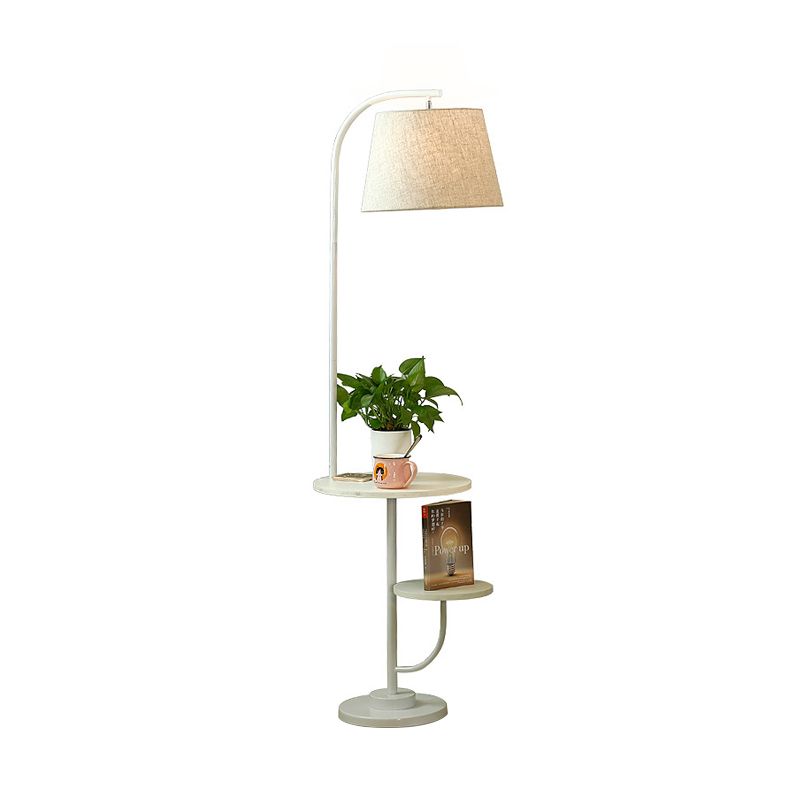 Single Living Room Stand Desk Light Modern White Arced Floor Lamp with Barrel Fabric Shade