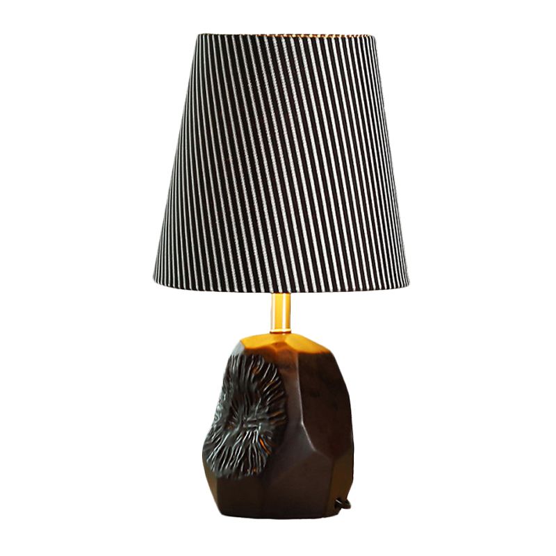 1-Light Ticking Stripe Fabric Table Lamp Modern Black Conical Kitchen Night Light with Hammered Base