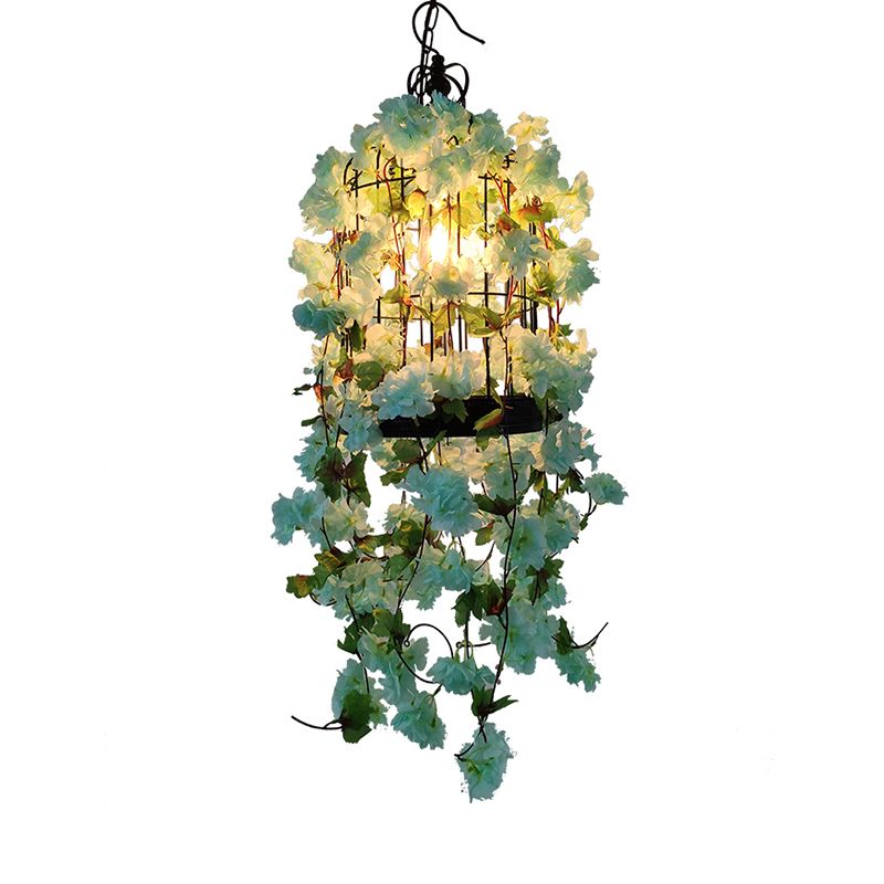 Birdcage Bar Ceiling Light Industrial Iron Single Light Green Hanging Pendant Light with Flower Decor