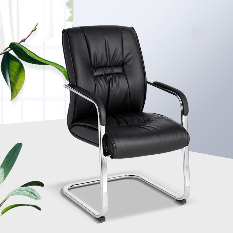 Mid Back Task Chair Black Leather Fixed Arm Office Chair with Steel Base