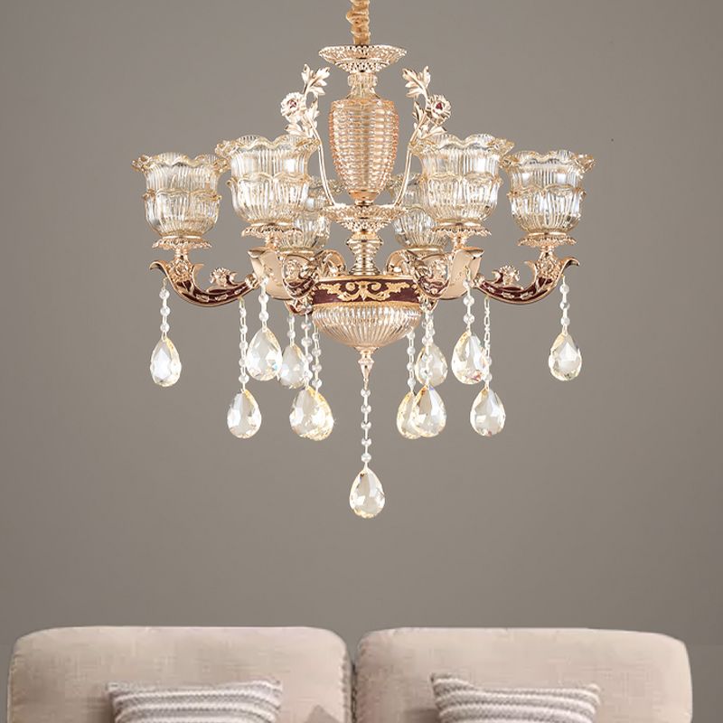 Layered Ruffle Ribbed Glass Drop Pendant 6 Bulbs Bedroom Chandelier Lighting in Gold with Dangling Crystal