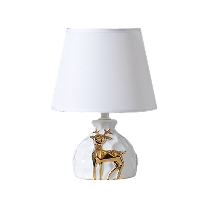 1-Bulb Tapered Desk Light Countryside White Fabric Night Table Lamp with Deer Vase Base, 11"/14"/15" Wide