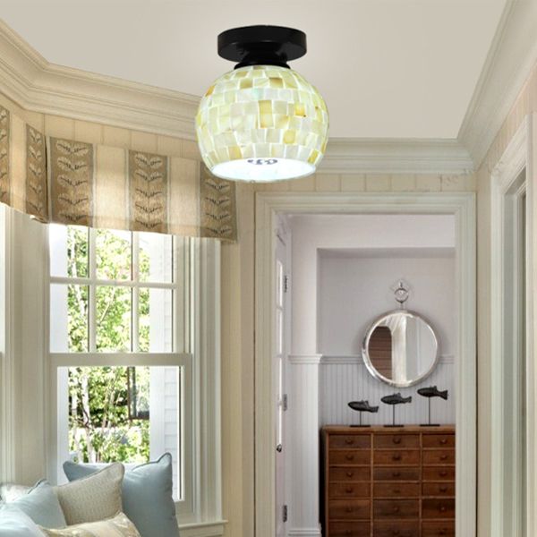 Beige Ceiling Light Fixture with Geometric/Circle/Square Pattern Tiffany Mosaic Glass 1 Bulb Flush Mount Ceiling Light