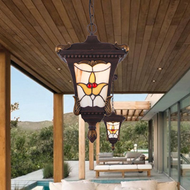 Metal Rust/Bronze Pendant Lamp Lantern 1-Head Traditional Ceiling Hang Fixture with Flower Pattern for Balcony