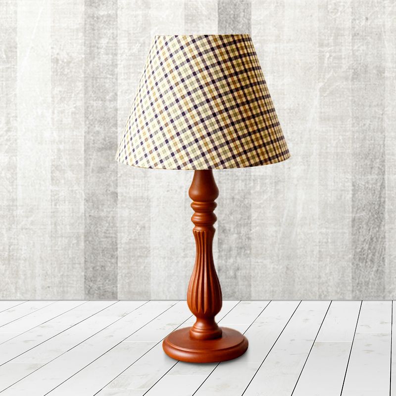 Beige/Tan/Dark Blue Barrel Shape Desk Lamp Traditional Fabric 1 Light Bedroom Reading Light with Wood Base