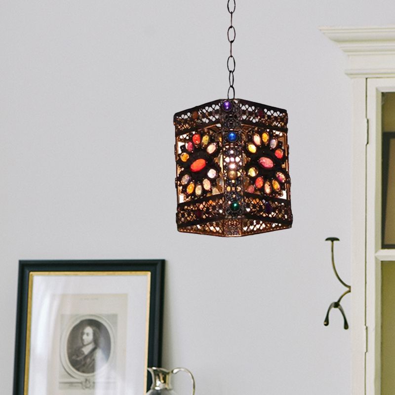 Stained Glass Rust Hanging Light Globe/Rectangle 1 Head Traditional Suspension Lamp for Dining Room