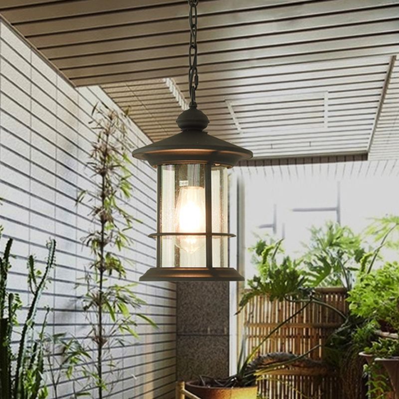 Lodge Lantern Hanging Anhänger 1-Bulb Clear Glass Deckensuspensionslampe in Schwarz für Balkon