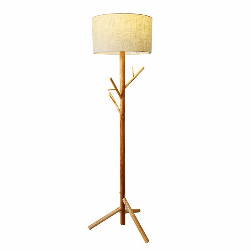 Flaxen Drum Stand Up Lamp Minimalist 1-Light Fabric Floor Light with Wooden Tripod and Coat Rack