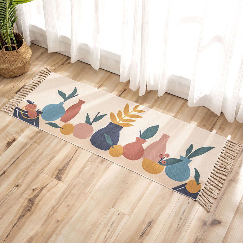 Classic Geometric Printed Rug Multi-Colored Cotton Blend Carpet Easy Care Washable Rug with Fringe for Bedroom