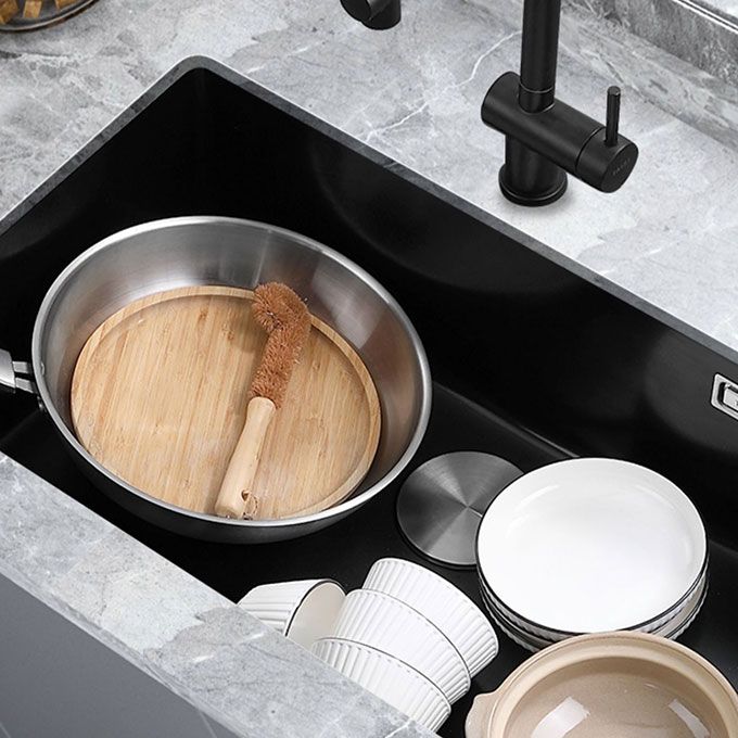 Contemporary Black Sink Single Bowl Overflow Hole Kitchen Sink with Faucet