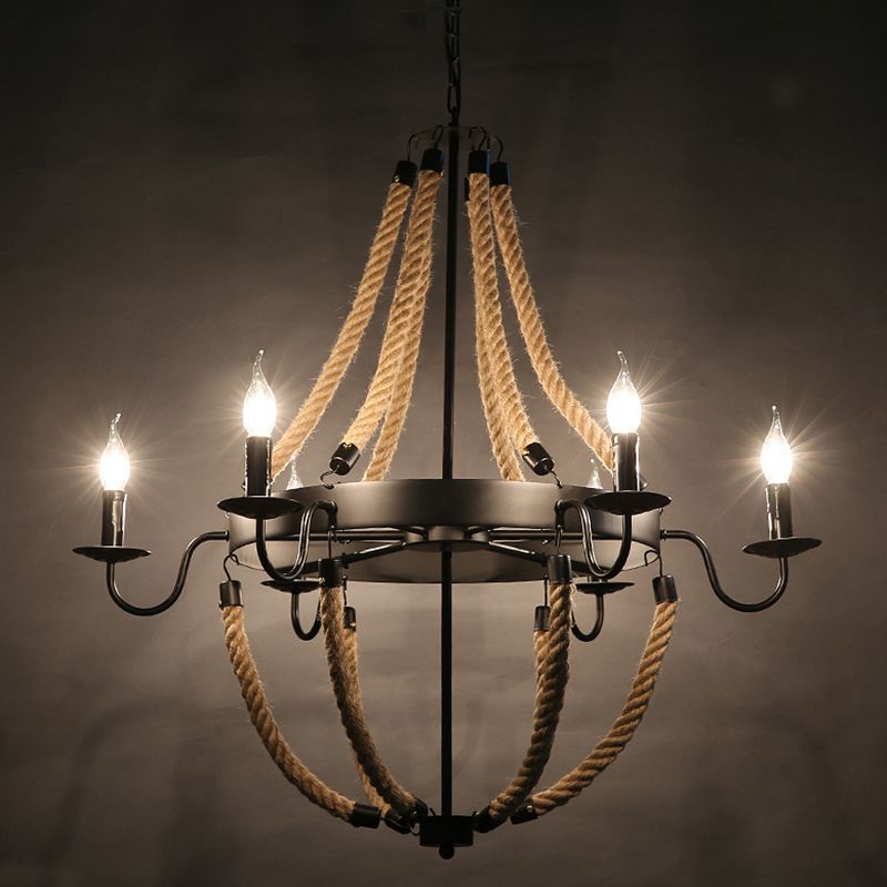 Rope Candelabra Pendant Light Fixture Retro Style Restaurant Chandelier Light in Black