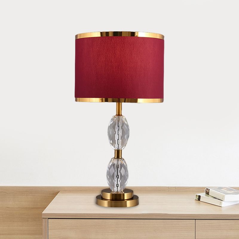 1 Head Crystal Table Light with Drum Shade Fabric Traditional Drawing Room Nightstand Lamp in Red/Beige