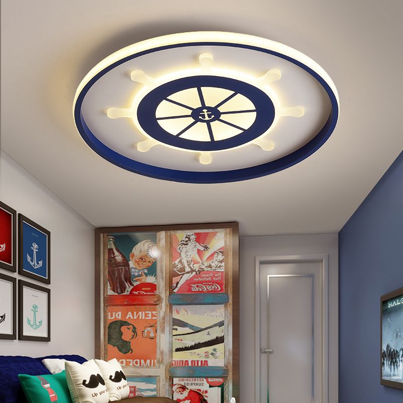 Blue Round Flush Light Fixture Kids 18 "/23.5" Wide LED Acrylique Ceiling Lamp with Rudder Design, Warm / White Light