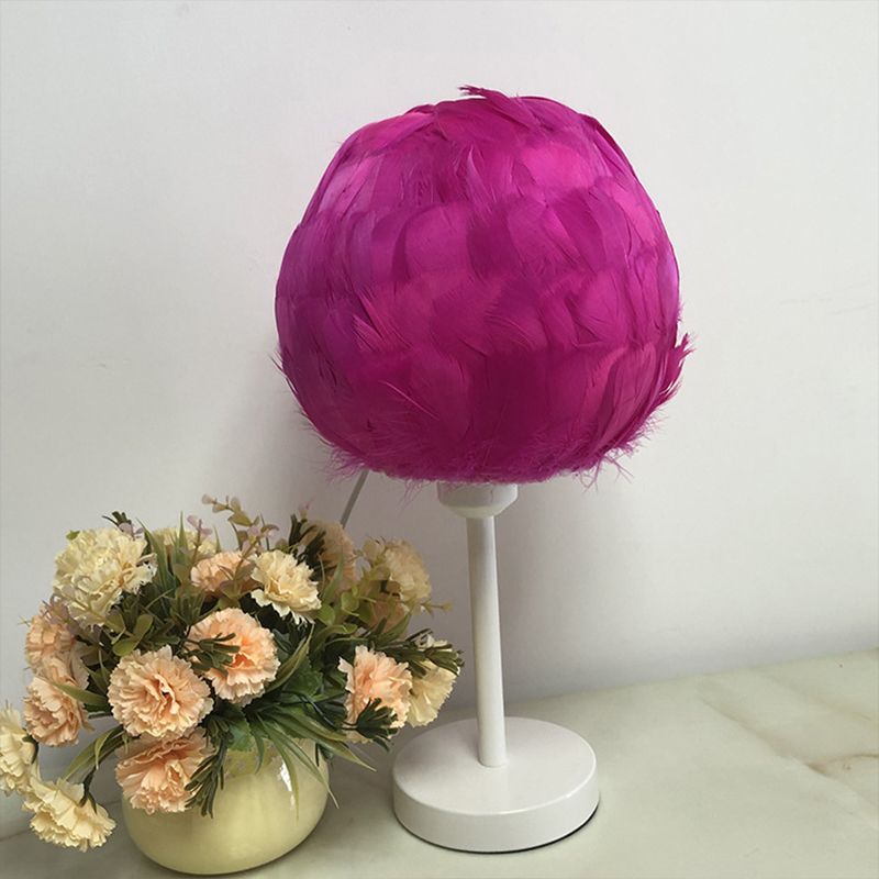 Handmade Sphere Feather Table Light Nordic Style 1-Light White/Pink/Rose Red Nightstand Lamp with Plug-in Cord