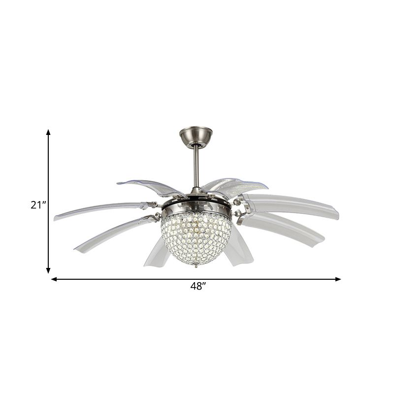 Dome Living Room Fan Lighting Fixture Modern Crystal 48" W LED Silver Semi Flush Mounted Lamp with 8 Clear Blades