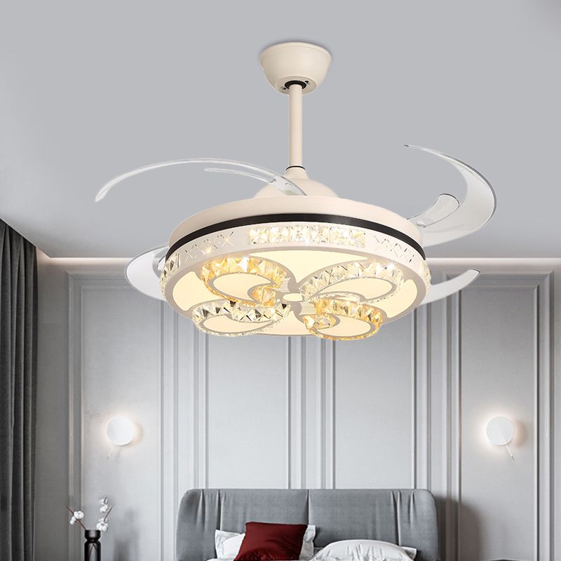 Modernism Round Ceiling Fan Lighting 42" Width LED Acrylic Semi Flush Mount Light in Cream with Crystal Accent, 4 Clear Blades