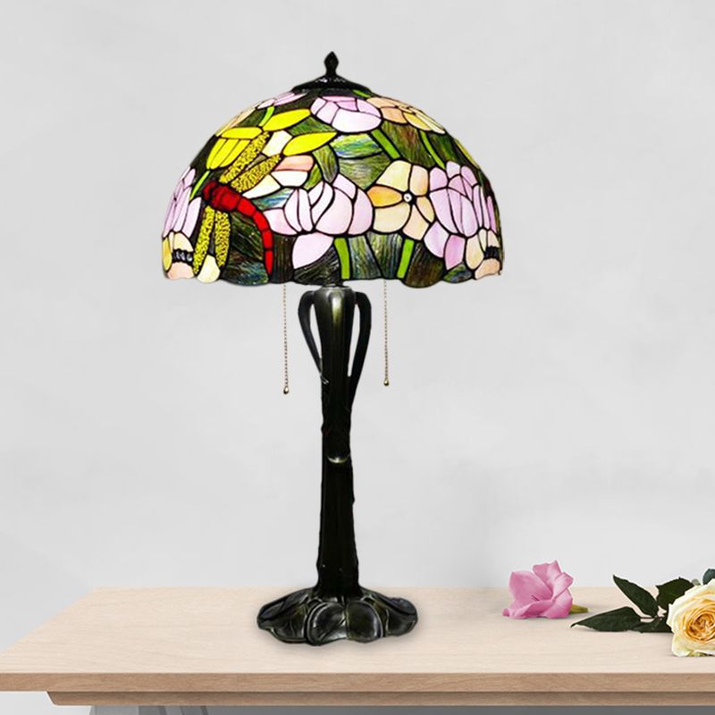 Cone/Dome Nightstand Lighting Victorian Cut Glass 2-Head Gold Pull Chain Table Lamp with Blossom Pattern