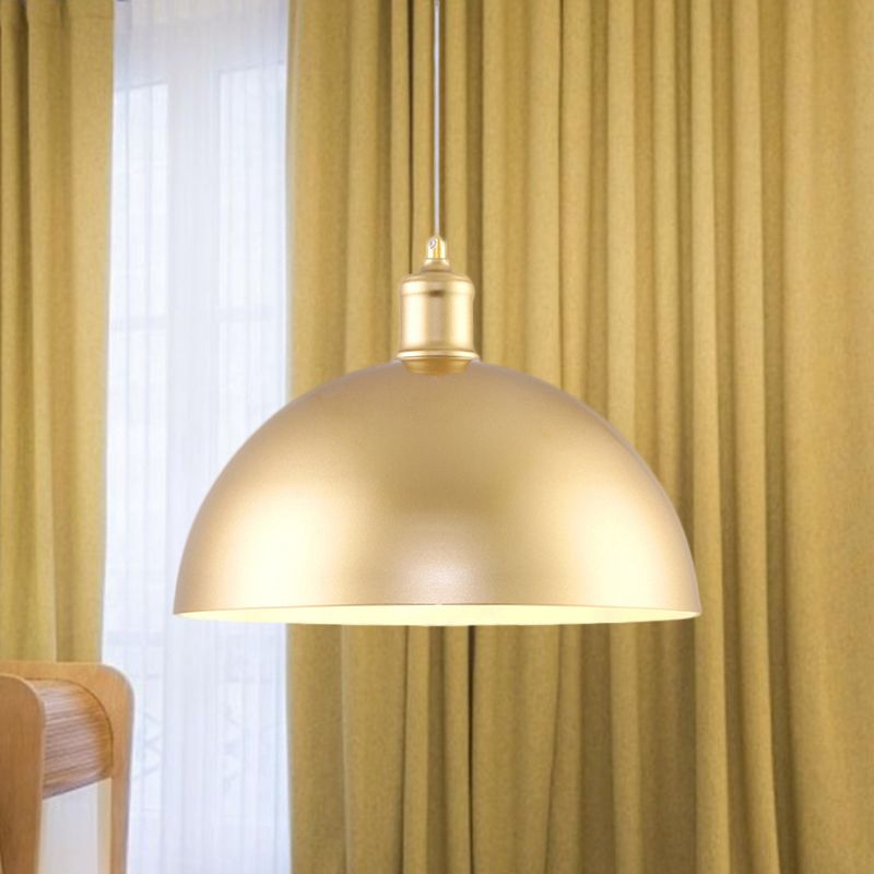 Industrial Dome Hanging Lamp 1 Light Metallic Height Adjustable Pendant Lighting in Gold for Bedroom, 12"/16" Dia