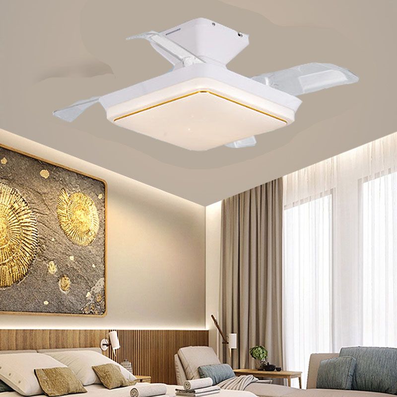 Minimalist Square LED Ceiling Fan Lamp Dining Room Semi Flush Light Fixture in White