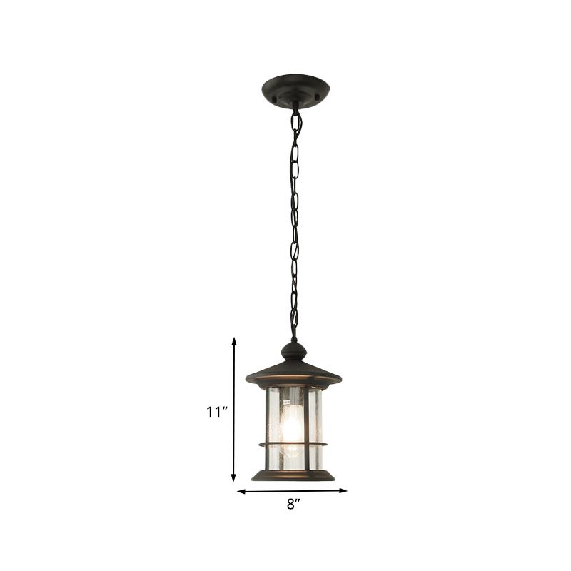Lodge Lantern Hanging Pendant 1-Bulb Clear Glass Ceiling Suspension Lamp in Black for Balcony