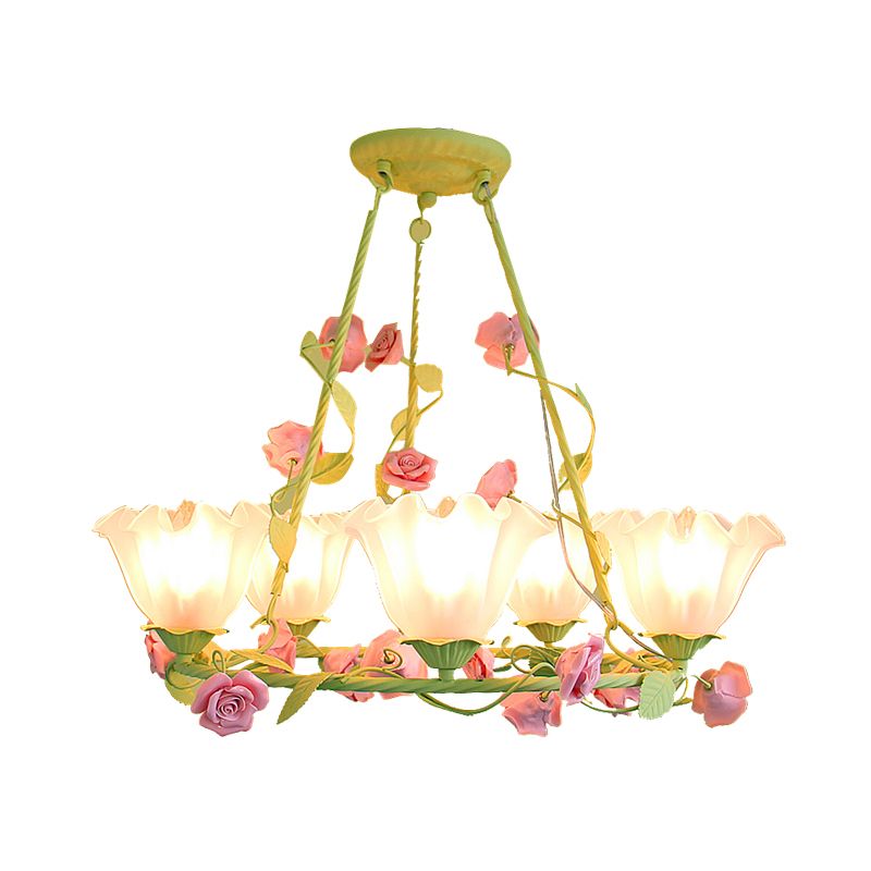 Opal Glass Scalloped Chandelier Lighting Korean Garden 5 Lights Bedroom Ceiling Lamp in Pink/Yellow