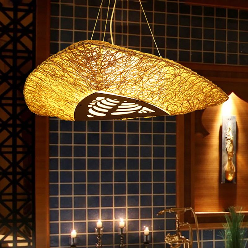 Hand-Worked Ceiling Chandelier Japanese Bamboo 3 Heads Hanging Pendant Light in Beige