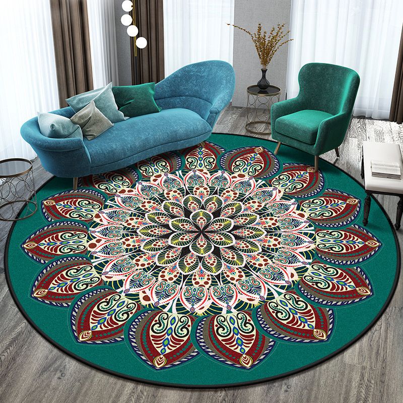 Bohemian Living Room Rug Multicolor Mandala Rug Polyester Stain Resistant Washable Anti-Slip Backing Rug for Hall