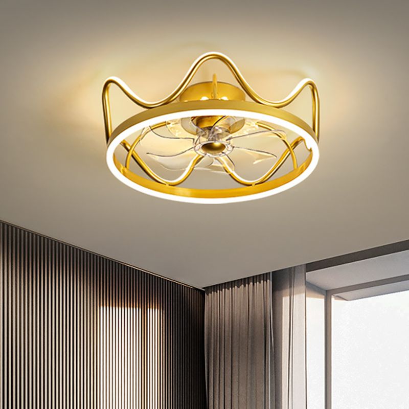 Crown Shape Dinging Room 7-Blade Hanging Fan Light Metallic Modern LED Semi Flush Mount Lamp in Gold/Black, 22" Width