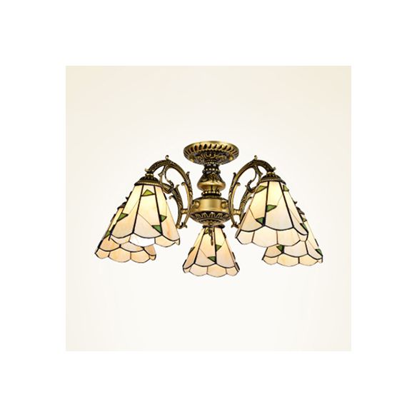 Lumière semi-affleurante conique vintage Vétonnage tachée 3/5 têtes Fleur de plafond Light en laiton blanc / antique pour le foyer