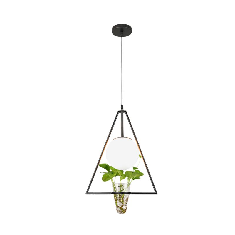 White Glass Globe Down Lighting Industrial 1-Light Restaurant Pendant in Black/Grey/Gold with Triangle Cage and Plant Pot