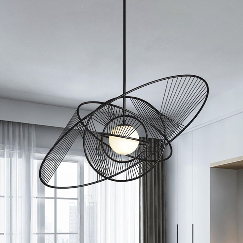 Contemporary Encircled Suspension Light Iron 1-Light Living Room Hanging Lamp Kit in Black