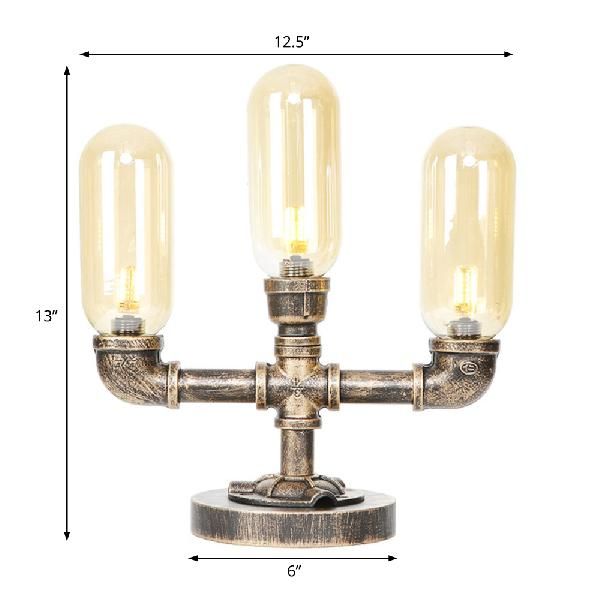 Aged Bronze 3 Bulbs LED Table Lamp Industrial Amber/Clear Glass Capsule Nightstand Light for Teahouse