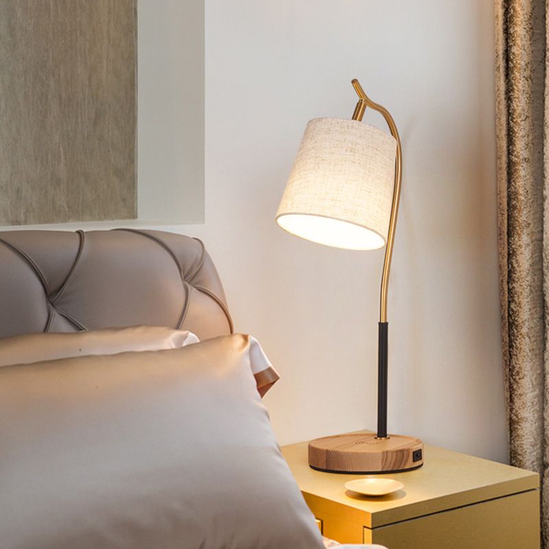 Barrel Shaped Bedside Nightstand Lamp Fabric 1 Bulb Simplicity Table Light with Gooseneck Arm