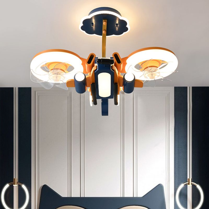 Kids LED Ceiling Fan Lamp Airplane Metal Fan Lighting in Blue and Orange for Bedroom