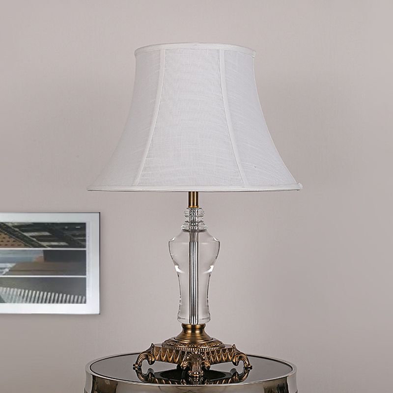 1 Light Fabric Night Light Countryside White Cone Living Room Nightstand Lamp with Crystal Accent