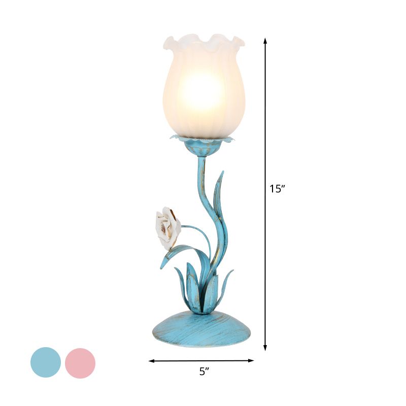 1 Bulb Blossom Table Lighting Romantic Pastoral Blue/Pink Metal Nightstand Lamp for Living Room