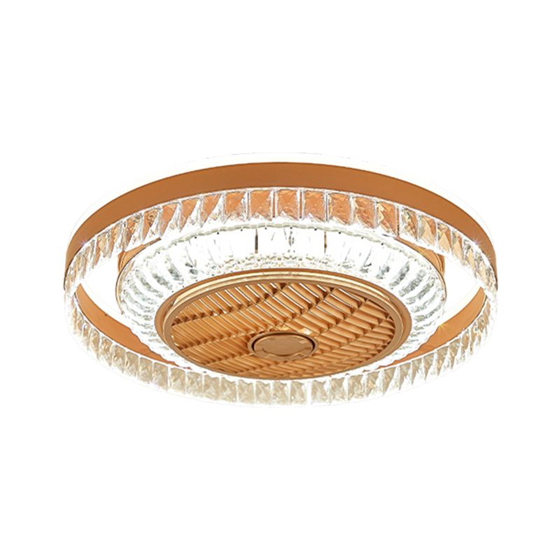 Crystal Blocks Copper Pendant Fan Lamp Round LED Contemporary Semi-Flush Ceiling Light, 23" Wide