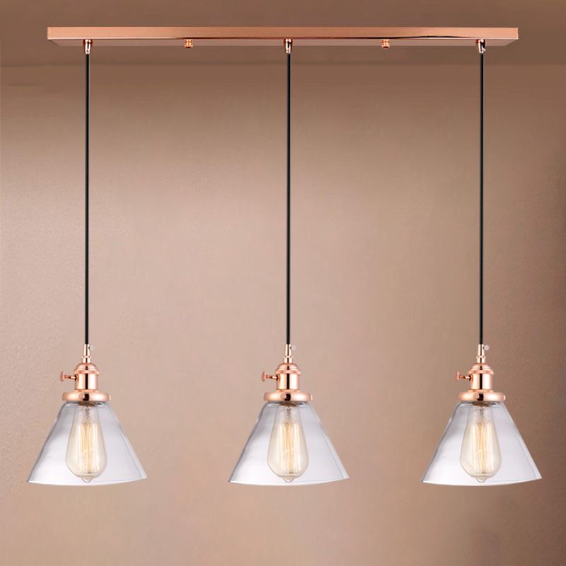 3 Heads Cluster Pendant Light Warehouse Cone Clear Glass Down Lighting for Dining Room