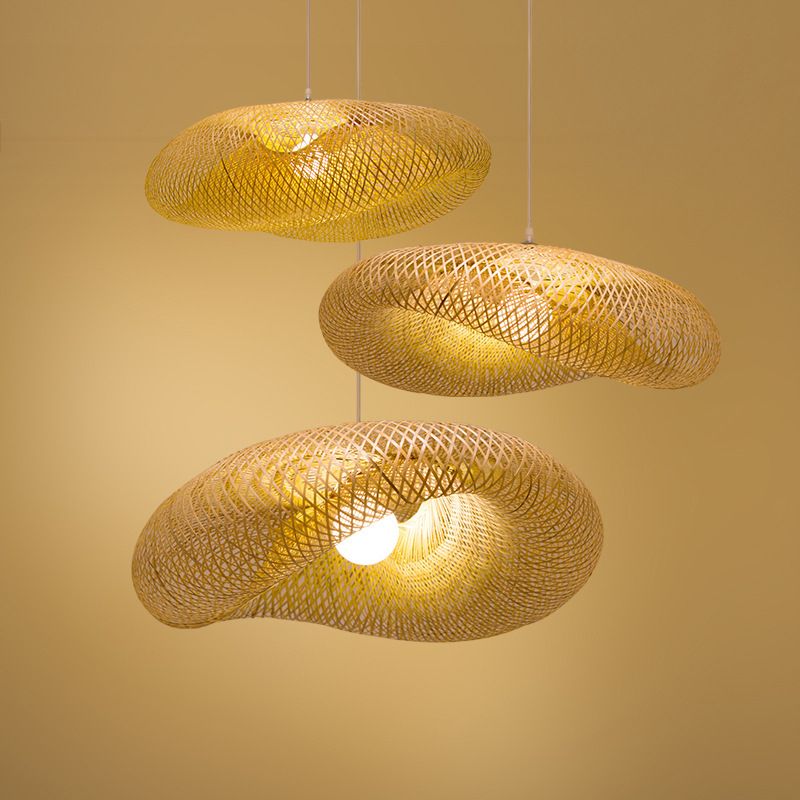 Asian Weaving Style Hat Shape Suspension Pendant Light Rattan 1 Light Hanging Ceiling Lights