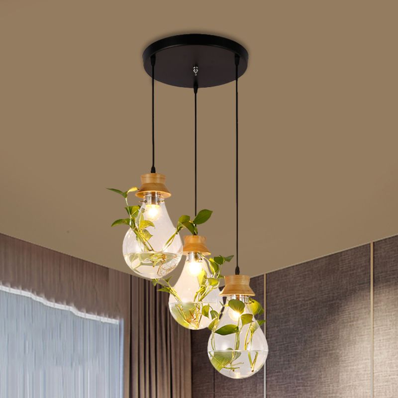 12 "/19.5" W 3-Kopf-Cluster-Anhänger Pendellanbauer Farmhaus-Glühbirne Clear Glass Hanging Light Kit im schwarzen, linearen/runden Baldachin