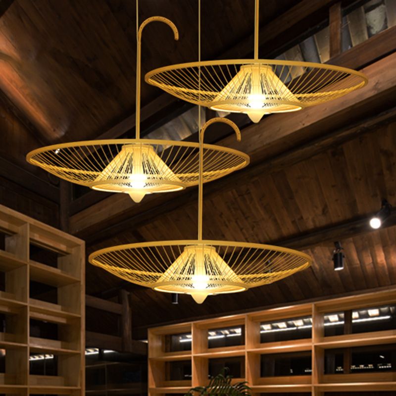 Bamboo Umbrella Down Lighting Pendentif Pendre asiatique Single Bulbe Beige Suspension Lampe pour restaurant