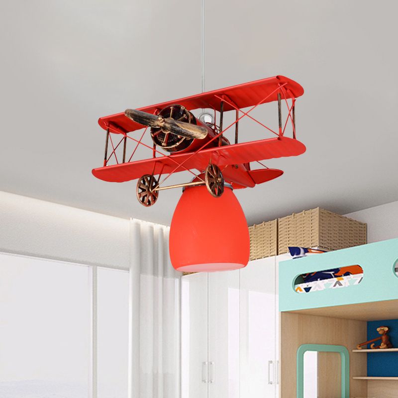 Wright Flyer Aircraft Suspension Light Kids Metal 1 Head Red/Blue/Yellow Pendant Lighting with Bottom Dome Colored Glass Shade