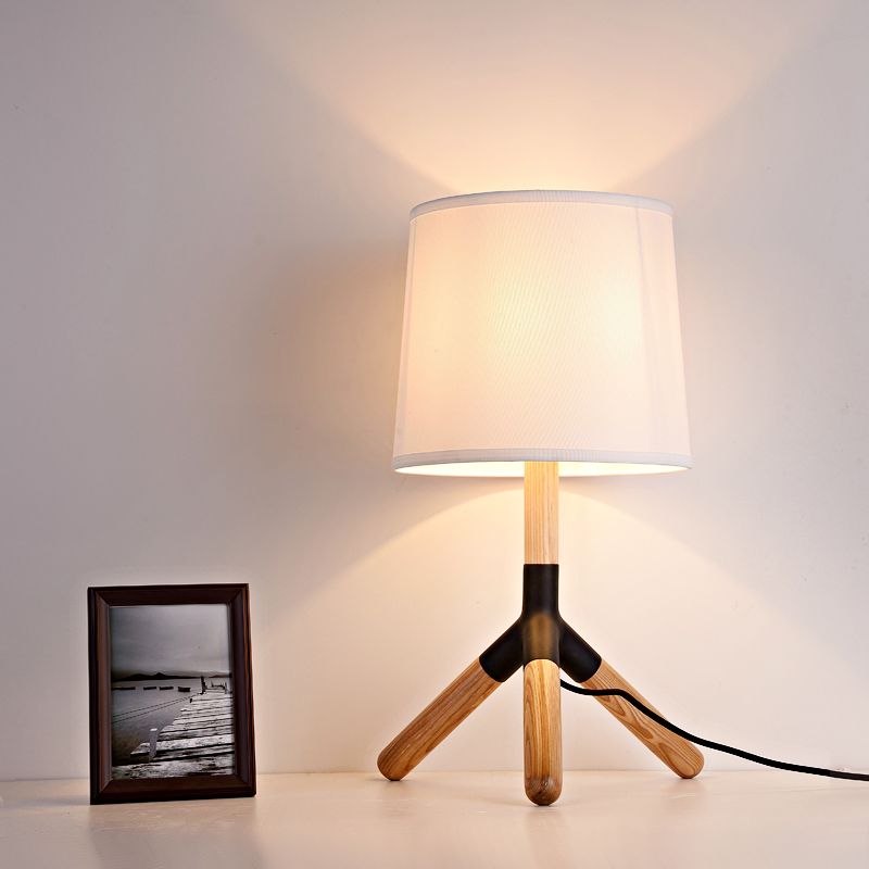 Wood Tri-Leg Table Lamp Simplicity 1 Light White Night Stand Light with Barrel Fabric Lamp Shade