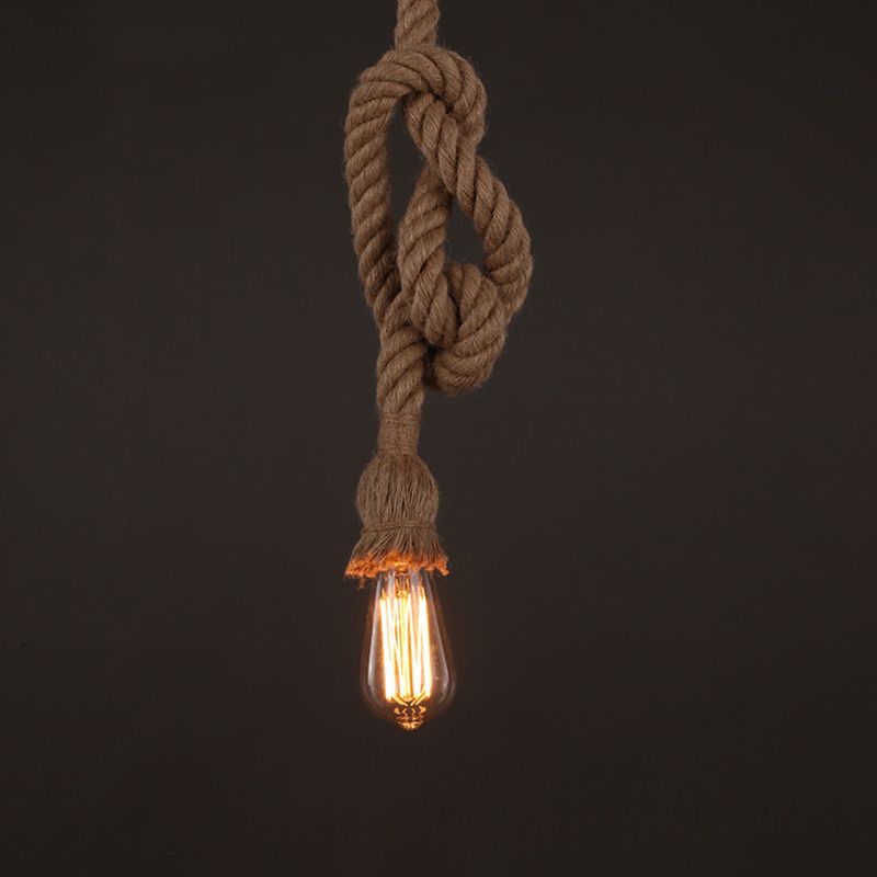 Industrial Exposed Bulb Pendant Light 1 Light Hemp Rope Hanging Lamp in Beige