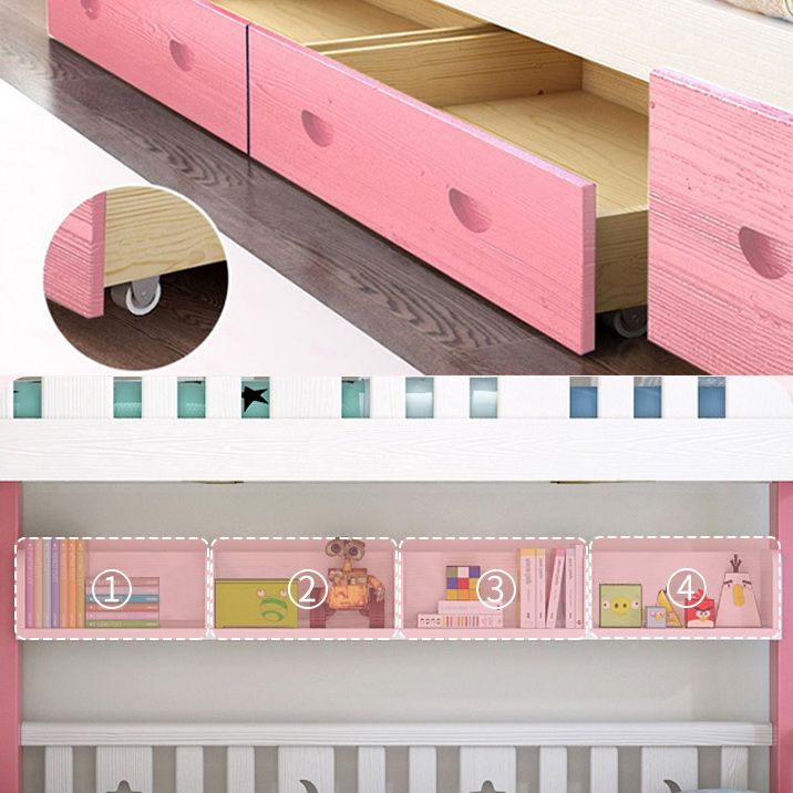 Nordic Solid Wood Standard Bunk Bed in White and Pink with Storage