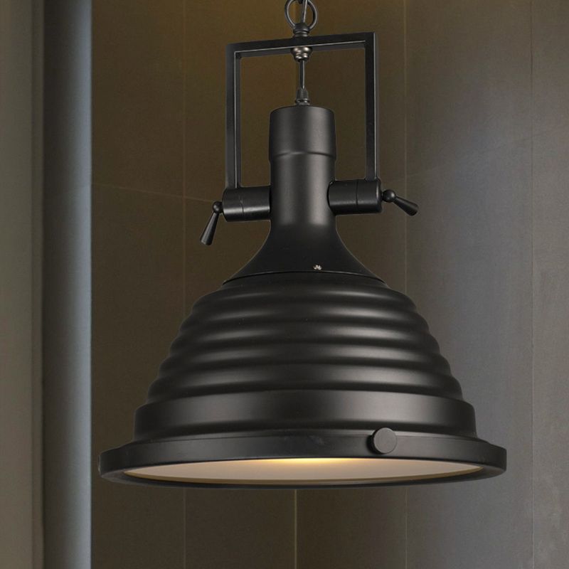 Black 1 Bulb Pendant Light Industrial Style Metallic Ripple Shade Hanging Lamp with Frosted Diffuser, 14"/16" W