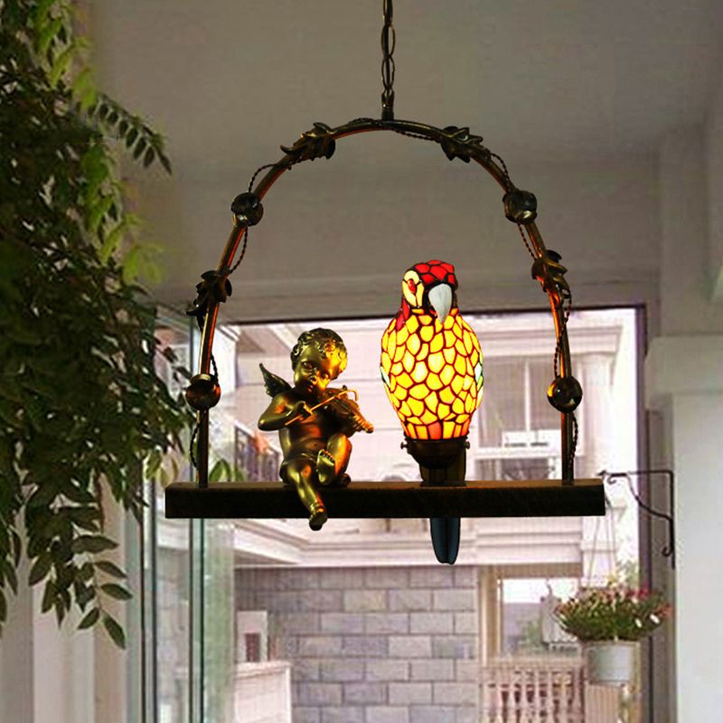 Wrought Iron Pendant Light in Tiffany Artistic Style Parrot Glass Ceiling Light for Corridor