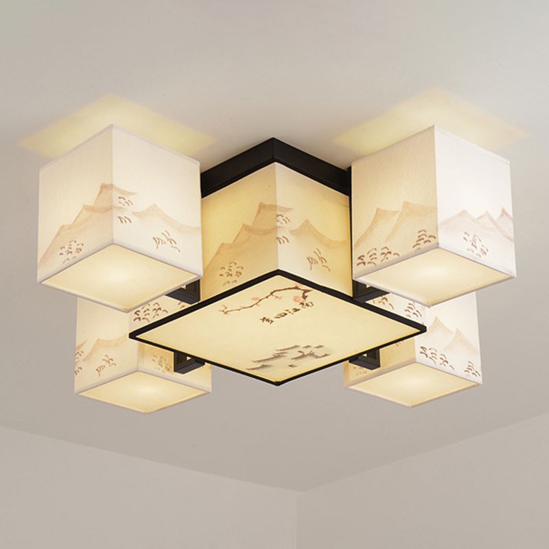 Beige Rectangular LED Semi Flush Mount in Traditional Concise Style Wrought Iron Ceiling Light with Fabric Shade