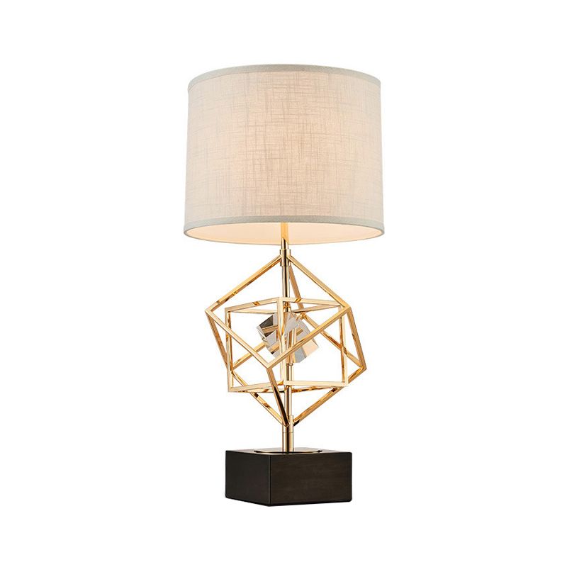 1-Head Bedroom Nightstand Lamp Luxury Gold Fabric Night Table Light with Square Stone Pedestal